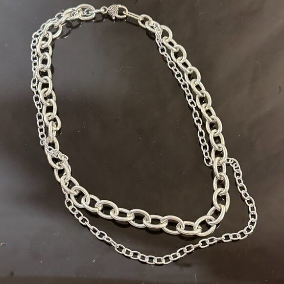 Silver Chain 2 Strand Necklace Lightweight Contemporary Punk Rock Modern Gift - Picture 2 of 6
